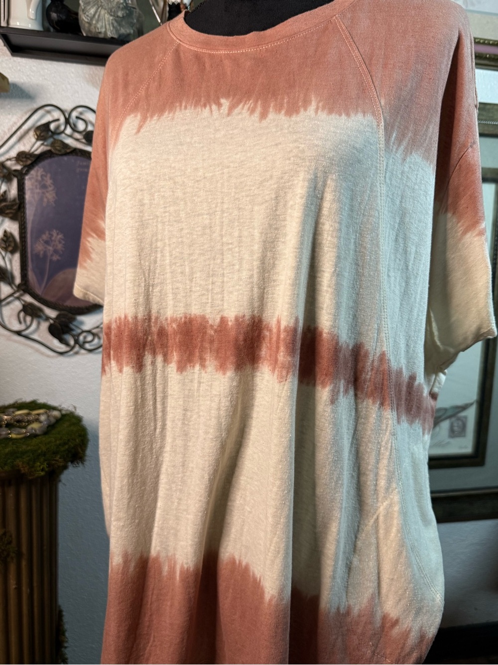 Easel Oversized Dip Dye Stripes Pocket Tee Top Small Dusty Rose Pink⁠